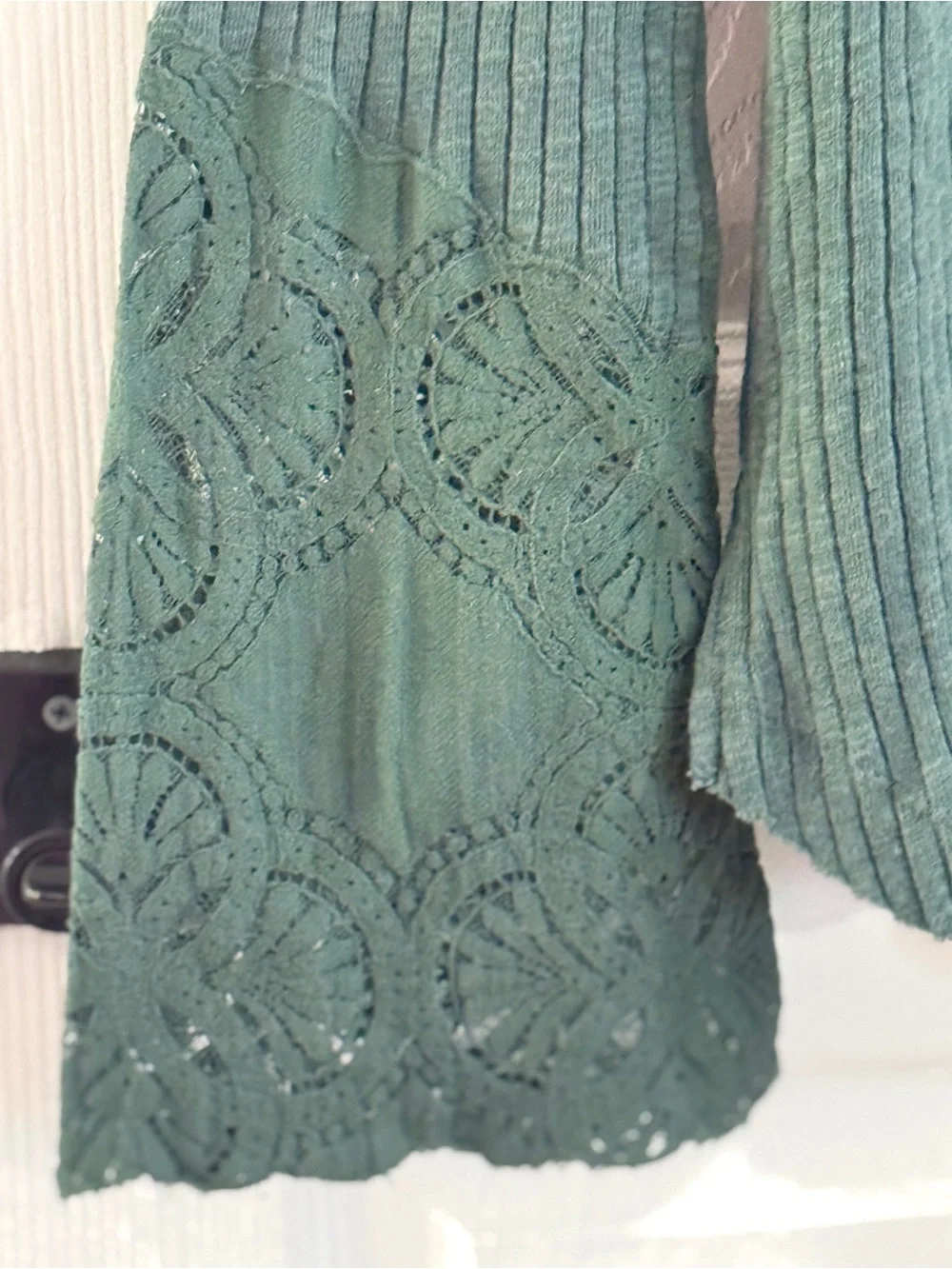 Free People M Forest Green Lace Ribbed Button Tunic Boho Cottagecore